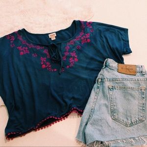 Blue Boho Front Tie Crop Top